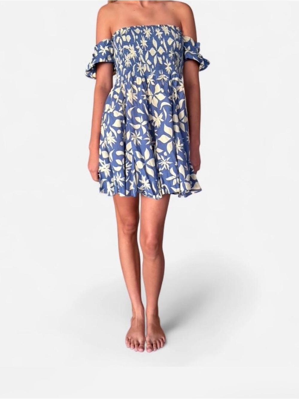 Zara Blue and Cream Off-Shoulder Floral Mini Dress